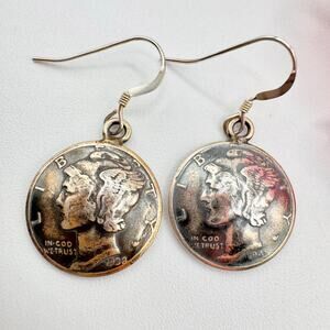 Vintage Winged Liberty Head Dime Convex Dangle Earrings 90% Silver 1938 1943